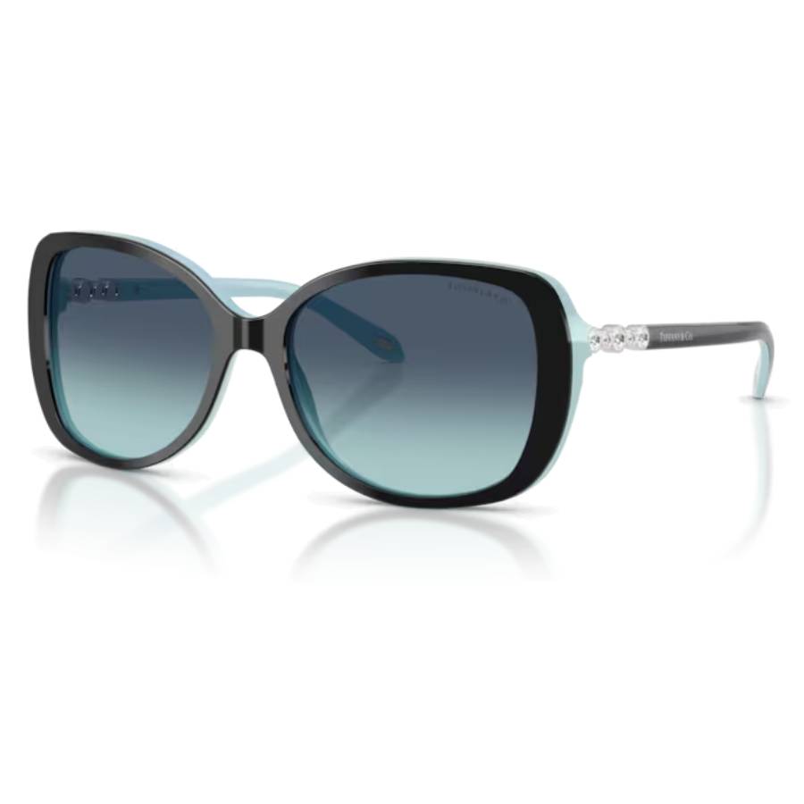 Lunettes de soleil rectangulaires avec ornements sur les branches - Femmes - Noir sur fond bleu Tiffany