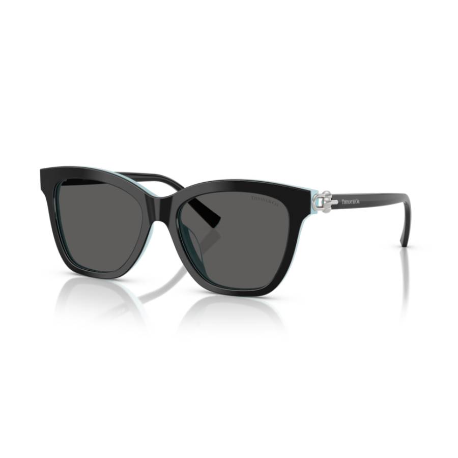 Lunettes de soleil carrées avec maillons HardWear - Femmes - Noir sur fond bleu Tiffany