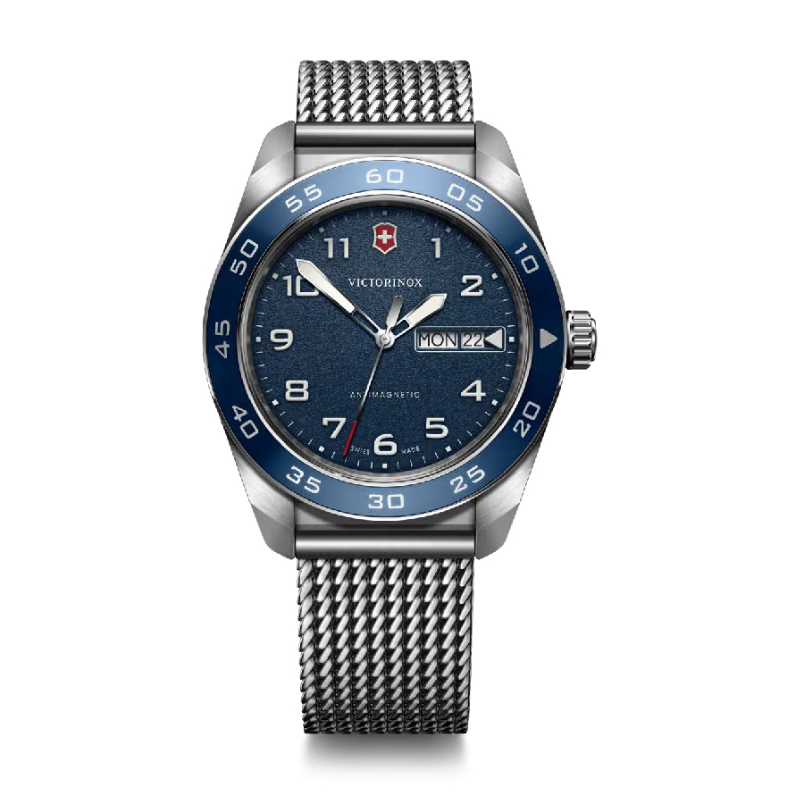 Blue Bezel and Index Day Date Dial Watch - Men - Stainless Steel Blue Mesh - 42mm