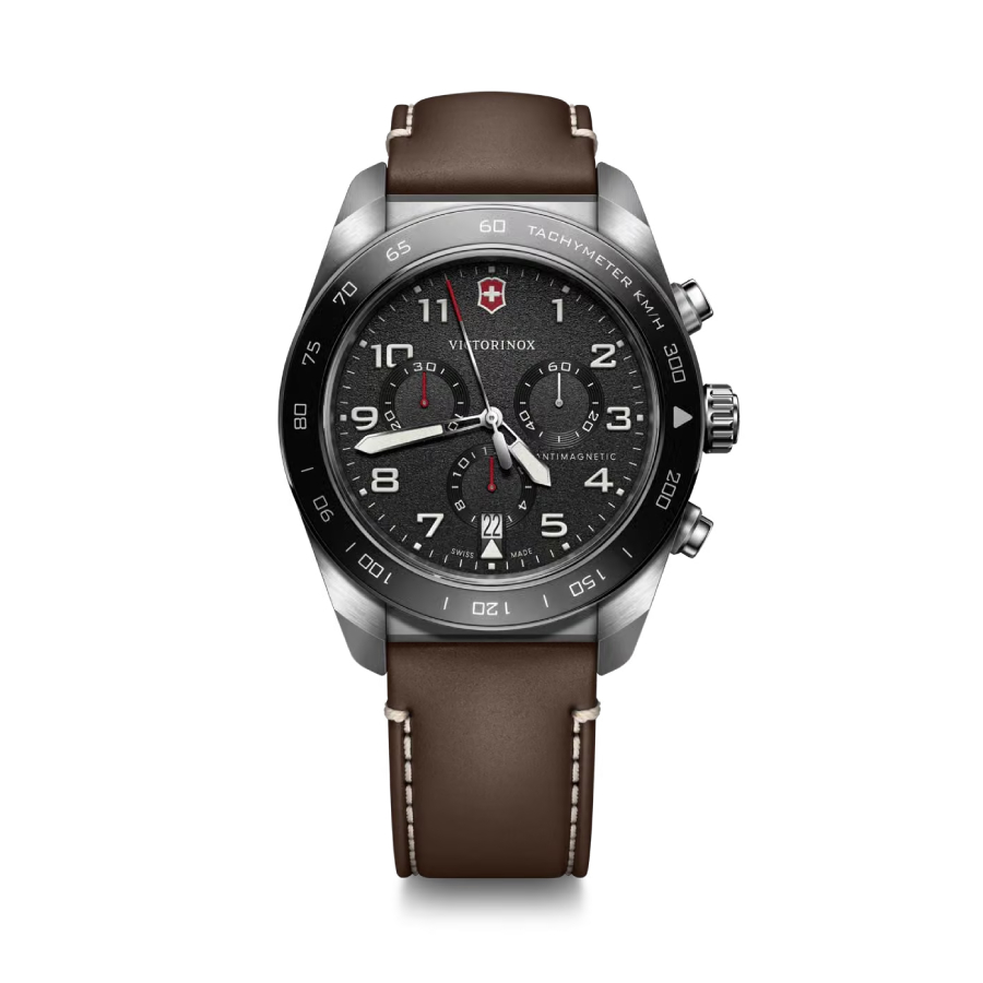 Chronograph Black Index Date Dial Watch - Men - Stainless Steel/ Brown Leather - 42mm