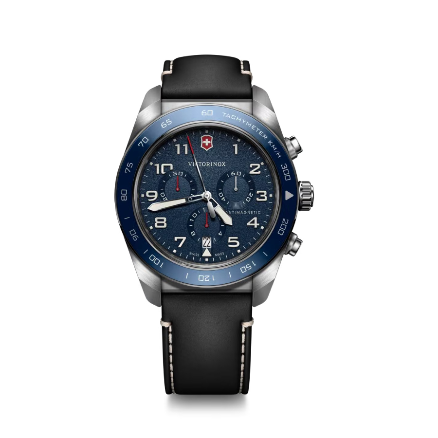 Chronograph Blue Bezel and Roman Dial Watch - Men - Stainless Steel/Black Leather - 42mm
