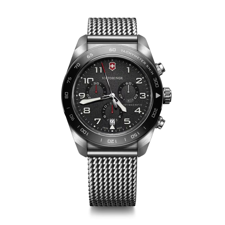 Chronograph Black Bezel and Index Date Dial Watch - Men - Stainless Steel Mesh - 42mm